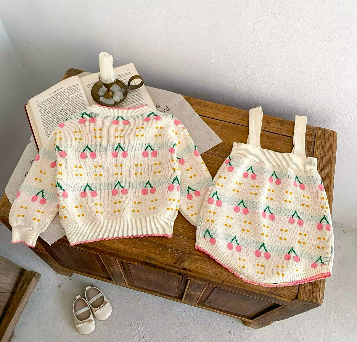 Cherry Delight Knit Cardigan & Suspender Skirt Set