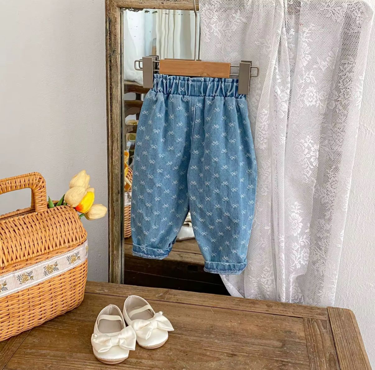 Embroidered Bow Corduroy Pants