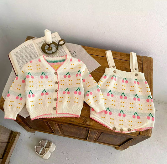 Cherry Delight Knit Cardigan & Suspender Skirt Set